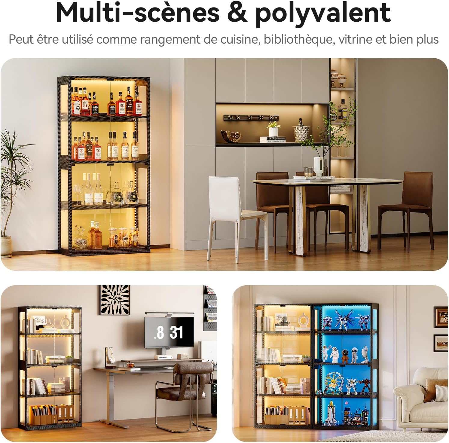 Coleshome - vitrine 4 étagères LED - portes verre, kit anti-chute, noir