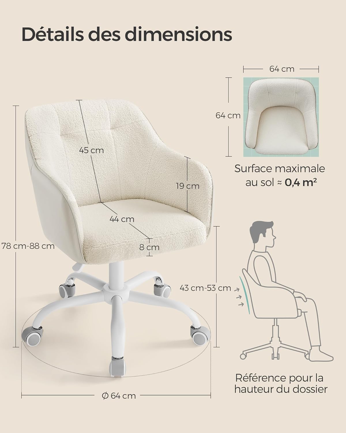 SONGMICS - chaise de bureau ergonomique, hauteur réglable, tissu respirant, acier, beige cappuccino, 110kg - OBG019W01