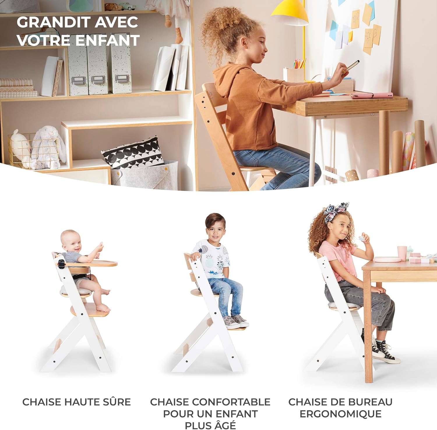 Kinderkraft - ENOCK - chaise évolutive bois, réglable, solide, tout gris