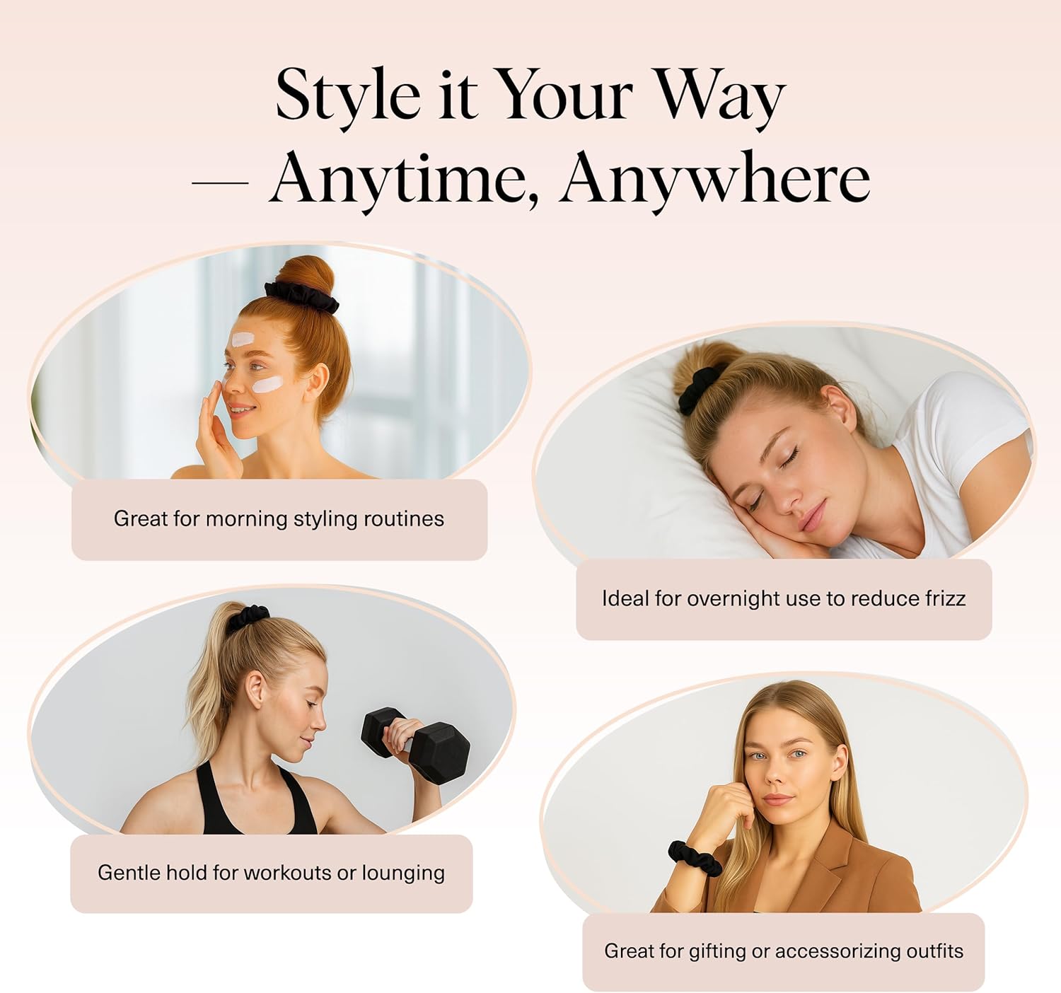 Kitsch - Chouchous en soie, lot de 5 - tailles standard - satin noir, élastiques sans trace, cheveux jour/nuit