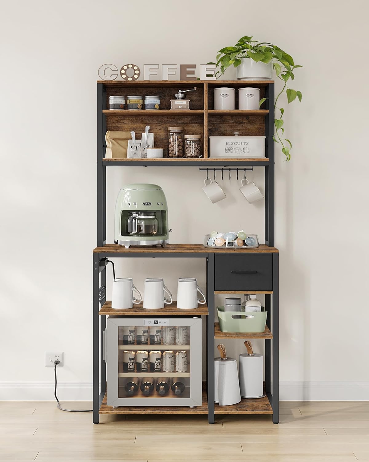 VASAGLE - étagère cuisine série KKS015K03 - 40x80x180 cm - multiprise, étagères réglables, tiroir tissu, 12 crochets