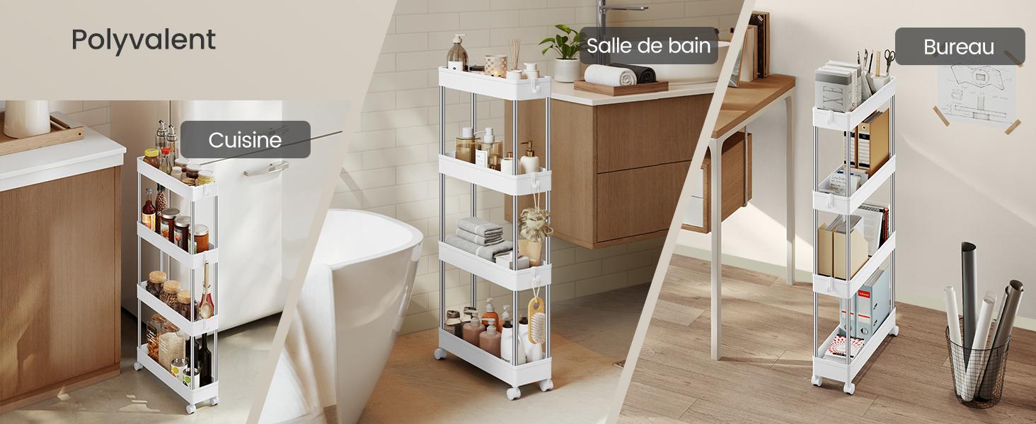 Étiquettes de texte : « Polyvalent », « Cuisine ». Plusieurs vues du chariot de rangement à roulettes mince avec plusieurs niveaux pour l'organisation.