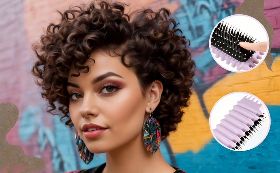 Démonstration de coiffage montrant les résultats d'une coiffure frisée. De petits encarts circulaires présentent des outils de coiffure, y compris des brosses rondes.