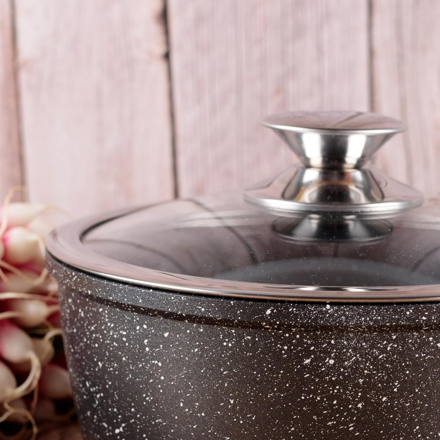 Kamberg - Marmite fonte aluminium 28 cm, revêtement pierre, induction, couvercle verre, 0008033