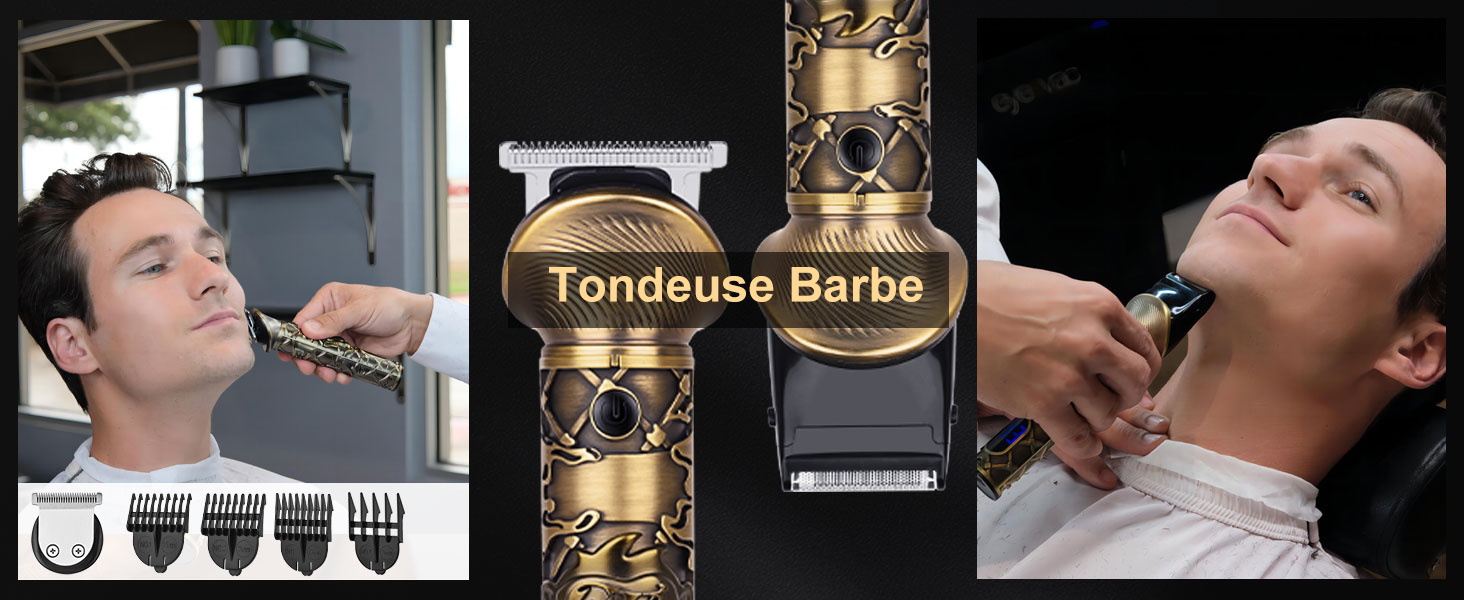avec plusieurs peignes. Appareil affiché à côté d'une personne qui se fait couper les cheveux, avec le texte « Tondeuse Barbe » visible.