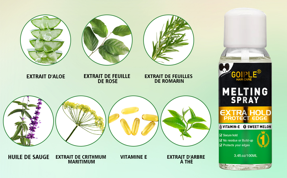 contenant des extraits de plantes, notamment d'aloès, de rose, de romarin, de sauge, de camomille et d'arbre à thé. Contient de la vitamine E et une formule à tenue accrue.