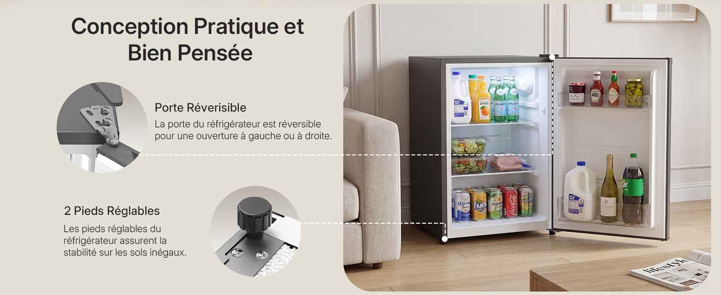 Le texte se lit comme suit : « Conception Pratique et Style Pratique ». Solutions de rangement intérieur présentant des espaces de réfrigérateur et d'armoires organisés avec des contenants de rangement transparents.