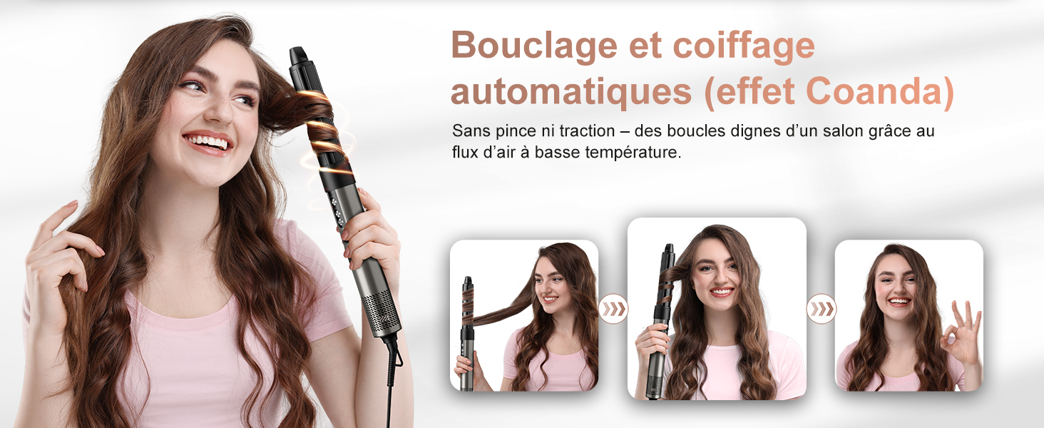 Le texte indique « Bouclage et coiffure » et « automatiques (effet Grande) ». Collection d'images marketing liées à la beauté montrant les résultats de la coiffure