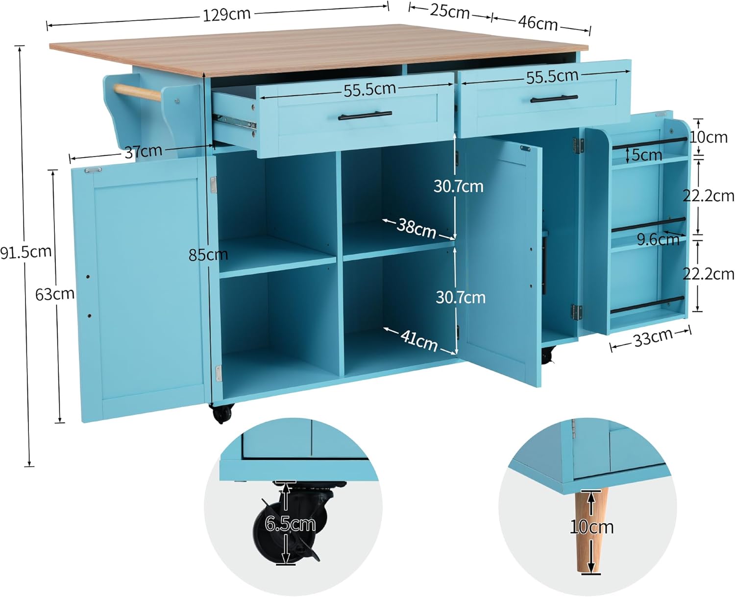 Desserte îlot de cuisine sur roulettes - 129x71x91,5 cm - plans rabattables, 2 tiroirs, 3 portes, bleu
