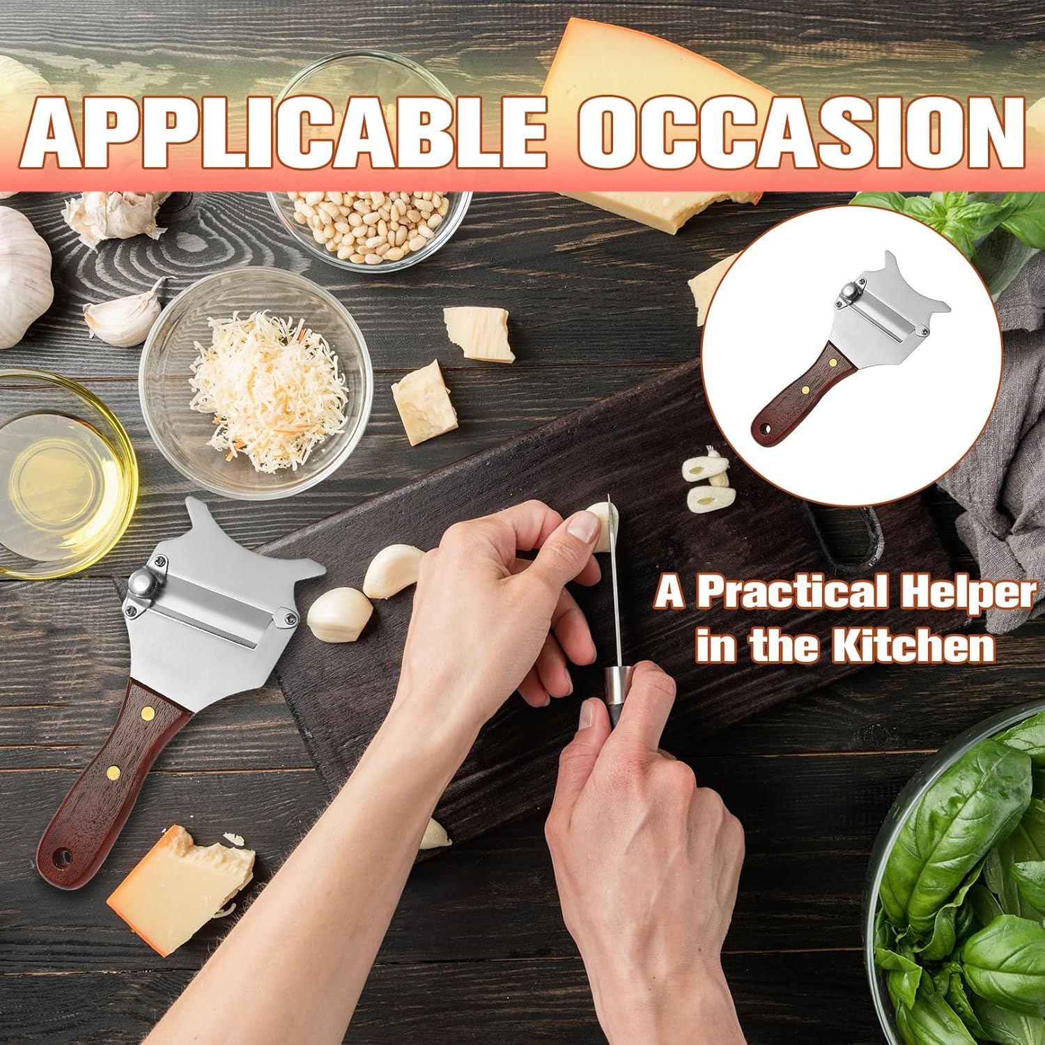 Trancheur de truffes - inox réglable, poignée bois, trou de suspension, pour fromage et chocolat