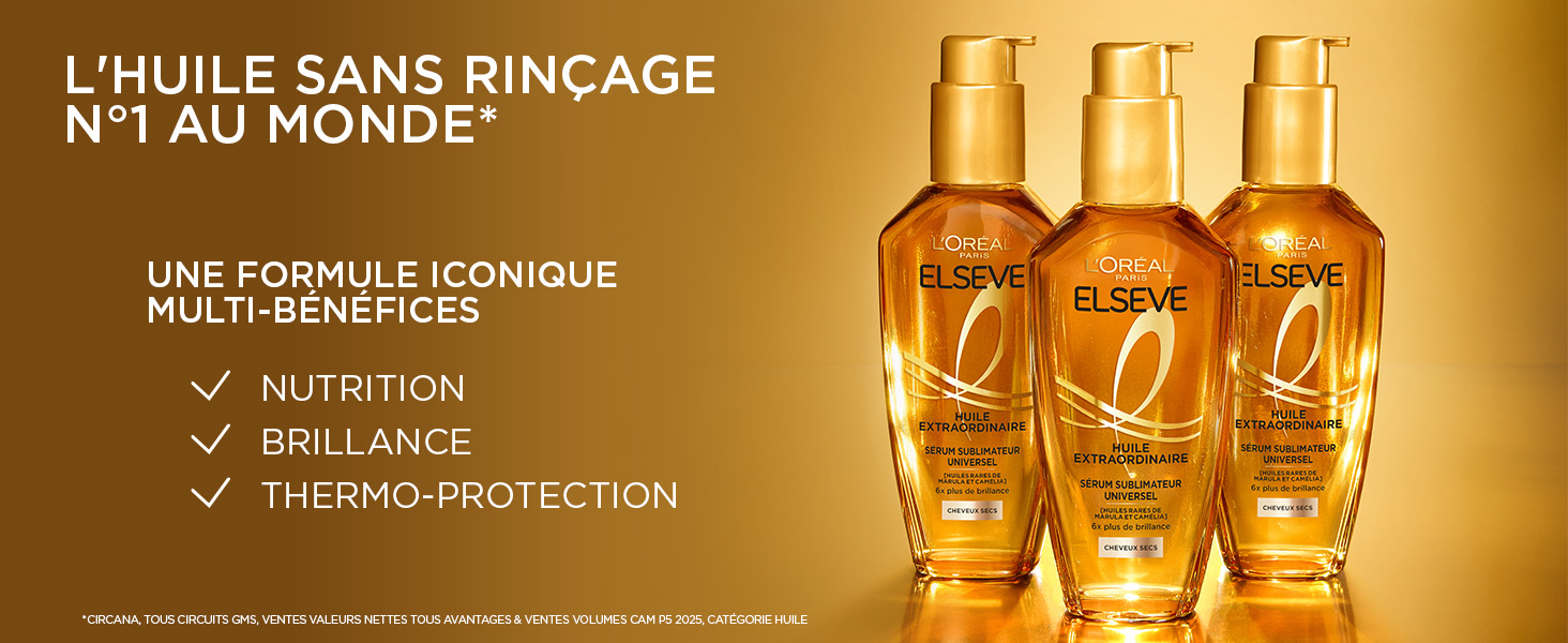 Le texte indique « L'HUILE SANS RINCAGE ». Plusieurs bouteilles de produits présentant des produits à base d'huile capillaire disposés sur un présentoir promotionnel doré mettant l'accent sur l'emballage et l'image de marque.