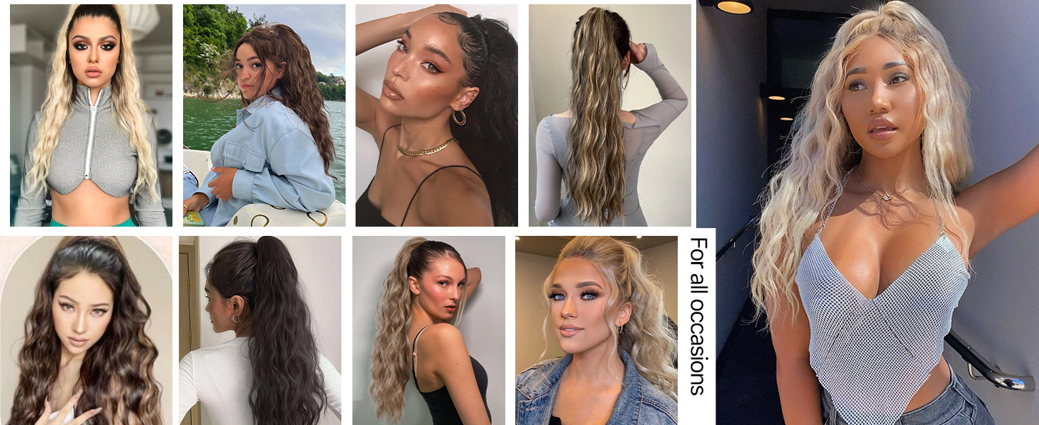 Collage de femmes aux longs cheveux blonds ondulés dans différents styles et décors. Met en valeur différentes coiffures et poses.