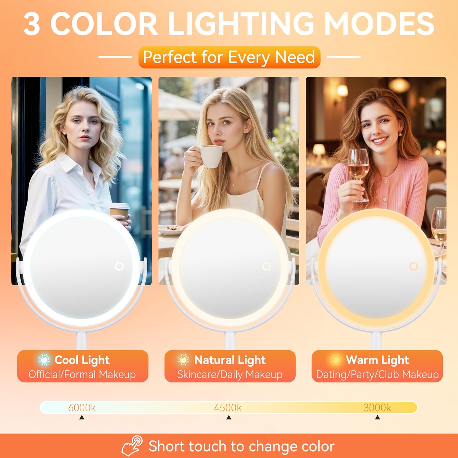 Auxmir - miroir maquillage LED, 30X/1X, 3 couleurs, tactile, 360°