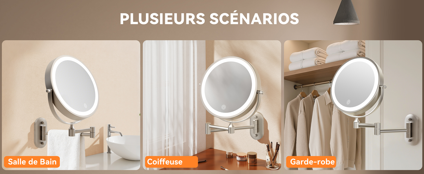 Le texte se lit comme suit : « PLUSIEURS SCÉNARIOS ». Visualisation du design d'intérieur montrant plusieurs angles d'une pièce moderne avec des accents orange et des luminaires circulaires montés sur les murs.