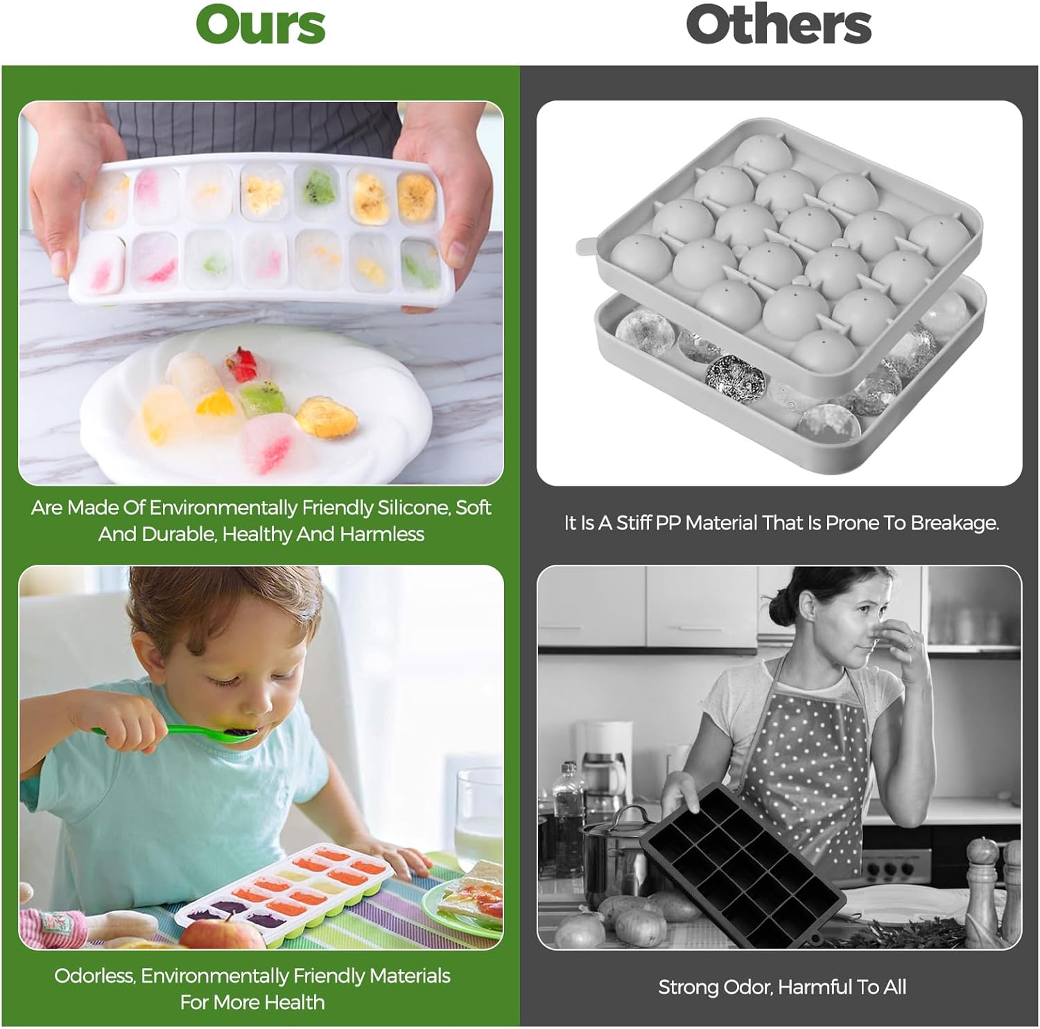 Bacs à glaçons silicone - 4 pièces - avec couvercle, LFGB sans BPA, facile à démouler, 2 verts + 2 bleus