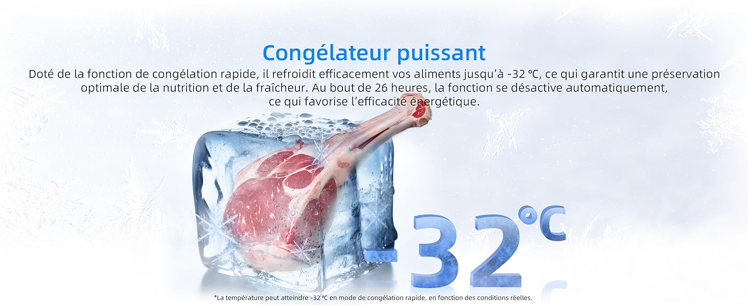 avec une température de -32 °C. Un cube de viande congelé avec des cristaux de glace démontre une capacité de congélation rapide pour la conservation des aliments.