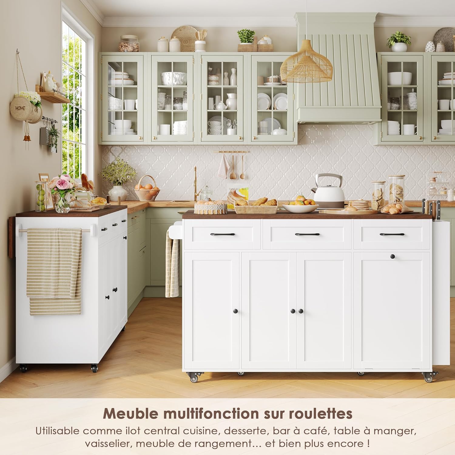 FirFurd - îlot cuisine rangement pliable, USB, blanc, 135x60x88cm