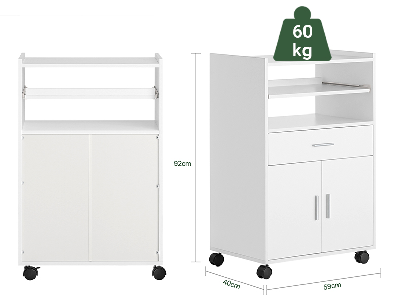 Le texte indique une capacité de poids de « 60 kg ». Schéma technique du chariot de rangement mobile blanc avec plusieurs niveaux et dimensions marquées.