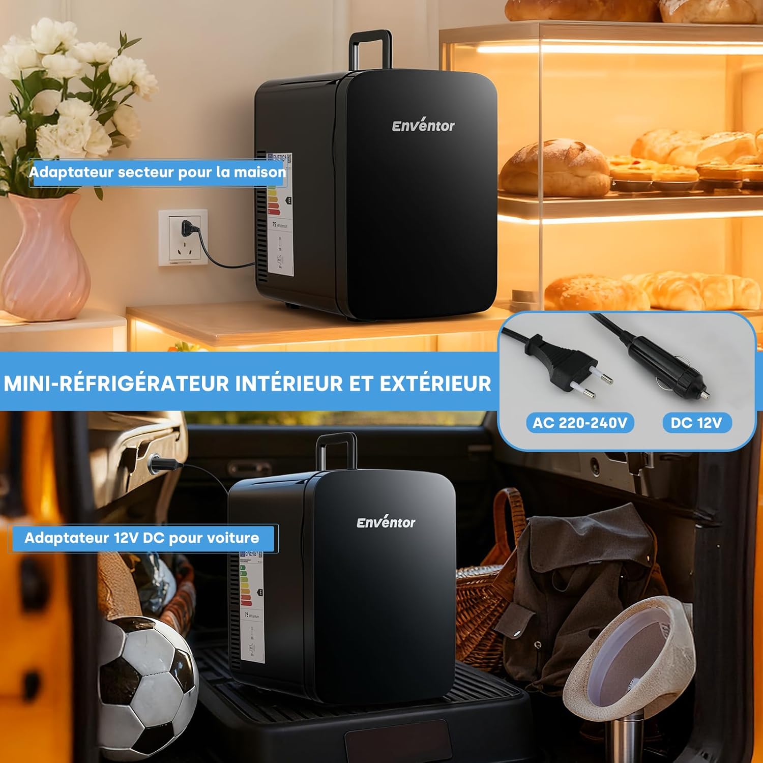Enventor - Mini Frigo 15L, modes chaud/froid, portable, silencieux