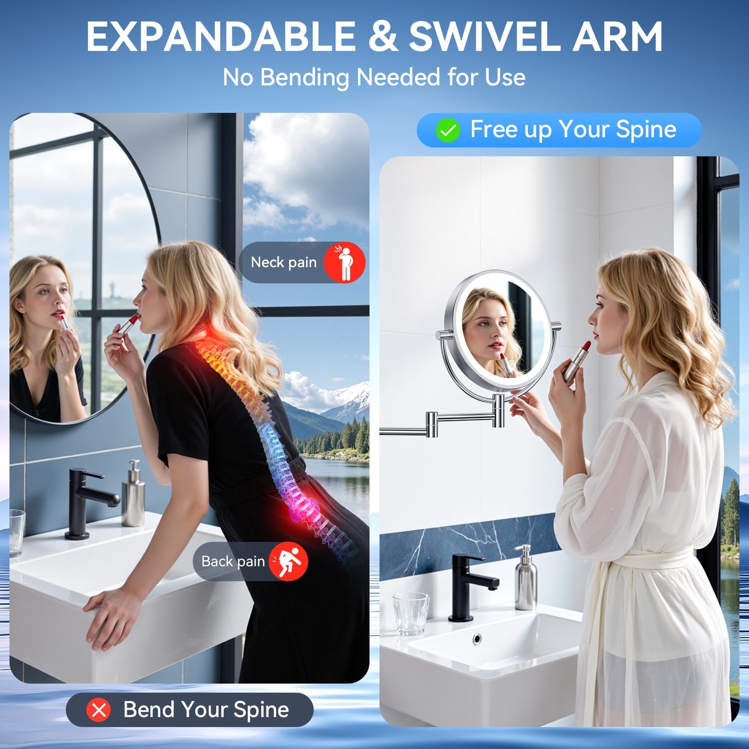 Auxmir - miroir mural série lumineuse - 8 pouces - 1X/30X grossissant, 3 couleurs, tactile, 360° pivotant, branchement E