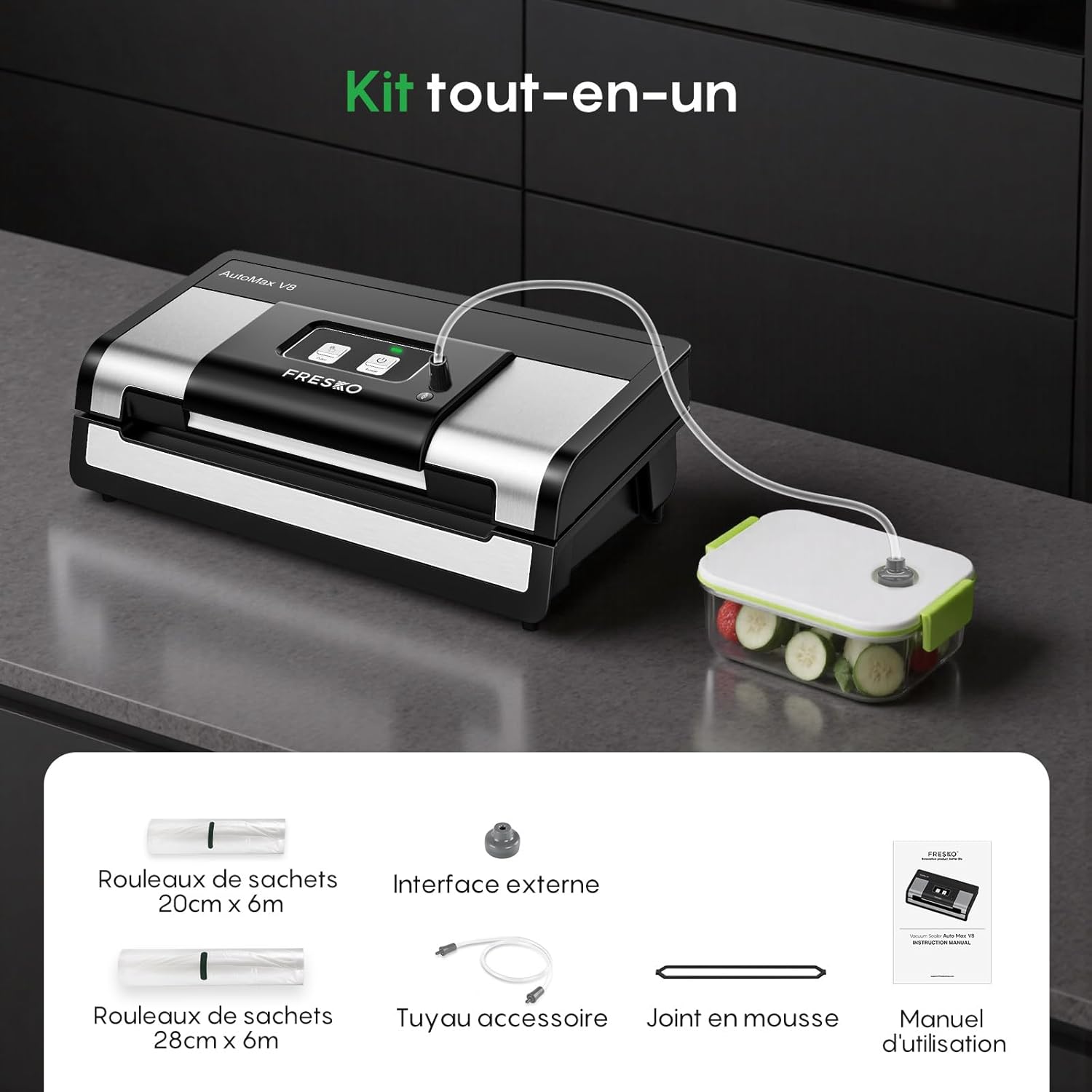 FRESKO - Machine Sous Vide AutoMax - compacte - 140W, détection sec/humide, coupeur intégré, 2 rouleaux, AutoMax V8