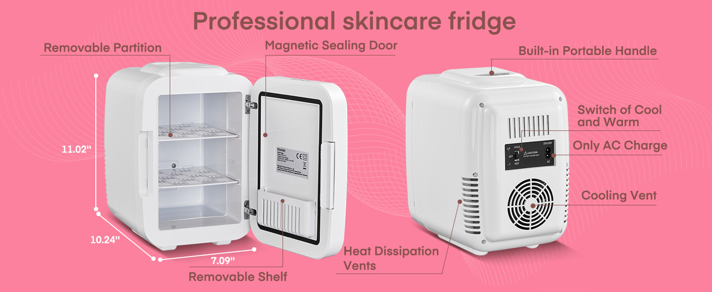 avec étagères amovibles, porte magnétique et poignée intégrée. Comprend un interrupteur froid/chaud, un chargeur AC et un évent de refroidissement. Montré en blanc sur fond rose avec des caractéristiques étiquetées.