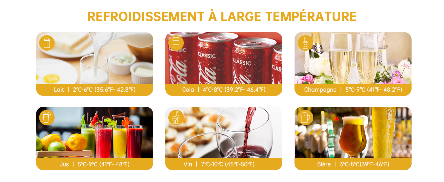 Grille de six images de boissons étiquetées en français. Montre du lait, des canettes de soda, du champagne, des jus colorés, du vin rouge à verser et des verres à bière.