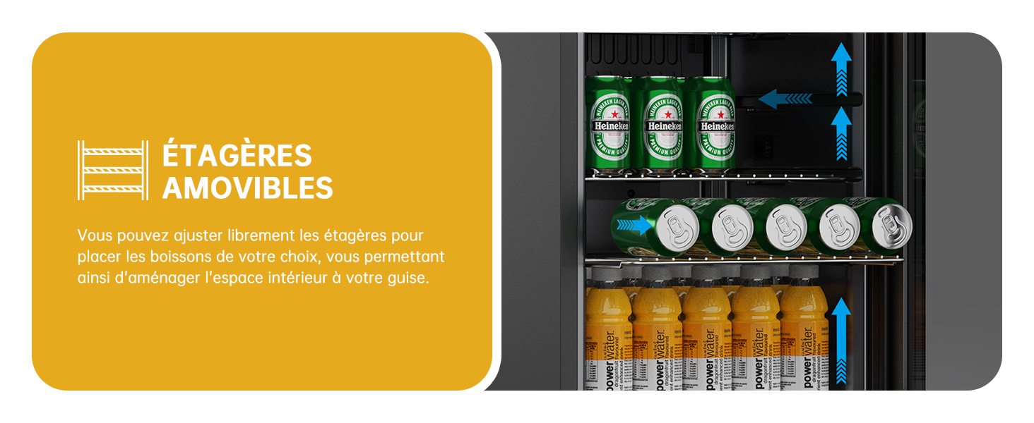 Image divisée de l'intérieur du réfrigérateur. Le côté gauche montre le texte « ÉTAGÈRES AMOVIBLES » (étagères amovibles). Le côté droit présente des étagères réglables avec des boissons.