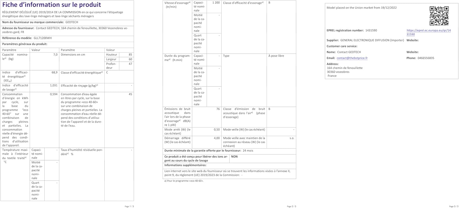 GEDTECH - lave-linge frontal 7kg 1200tr/min 16 programmes GLL71200WH