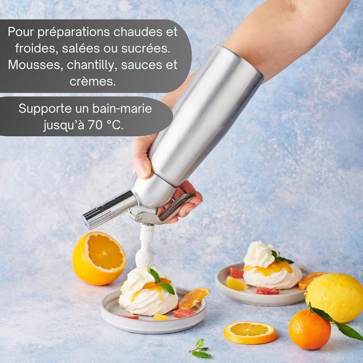 Mastrad - siphon aluminium 0,5L - piston inox, 3 douilles, brosse