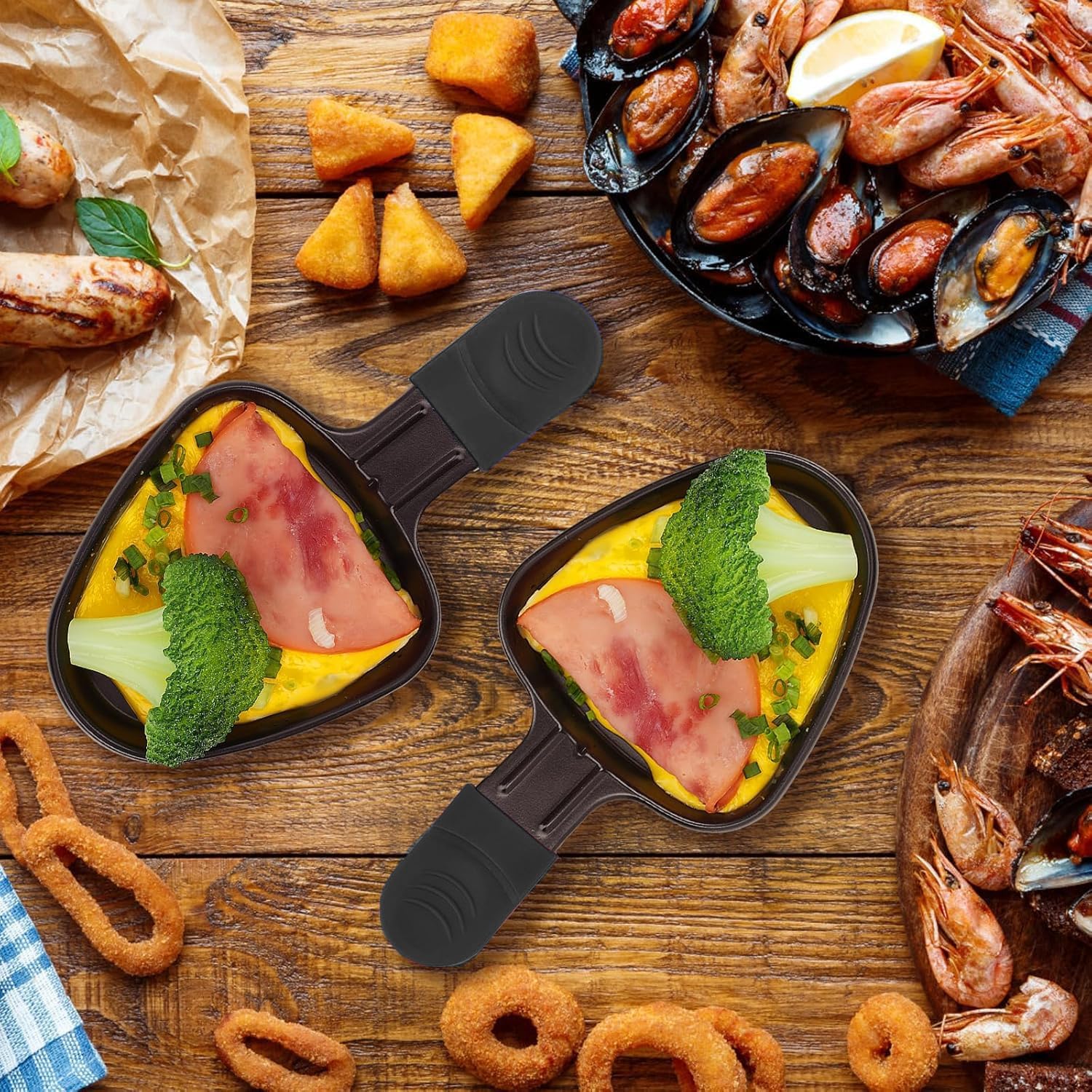 Poêlon à raclette triangle - 18x10cm - revêtement antiadhésif, 4 pelles bois, matériau épais