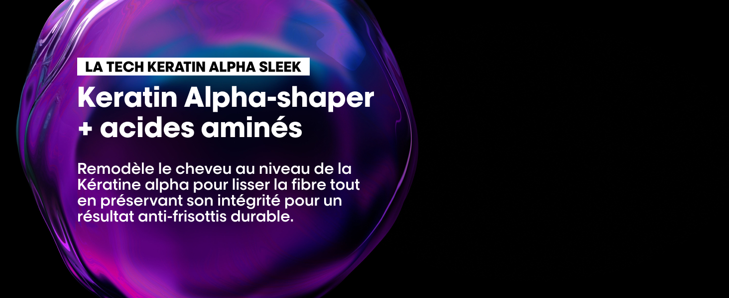 Le texte se lit comme suit : « LA TECHNOLOGIE ALPHA SELECT Keratin Alpha-shaper + acides aminés ». Image promotionnelle de produit teintée de violet pour un produit de soin capillaire.