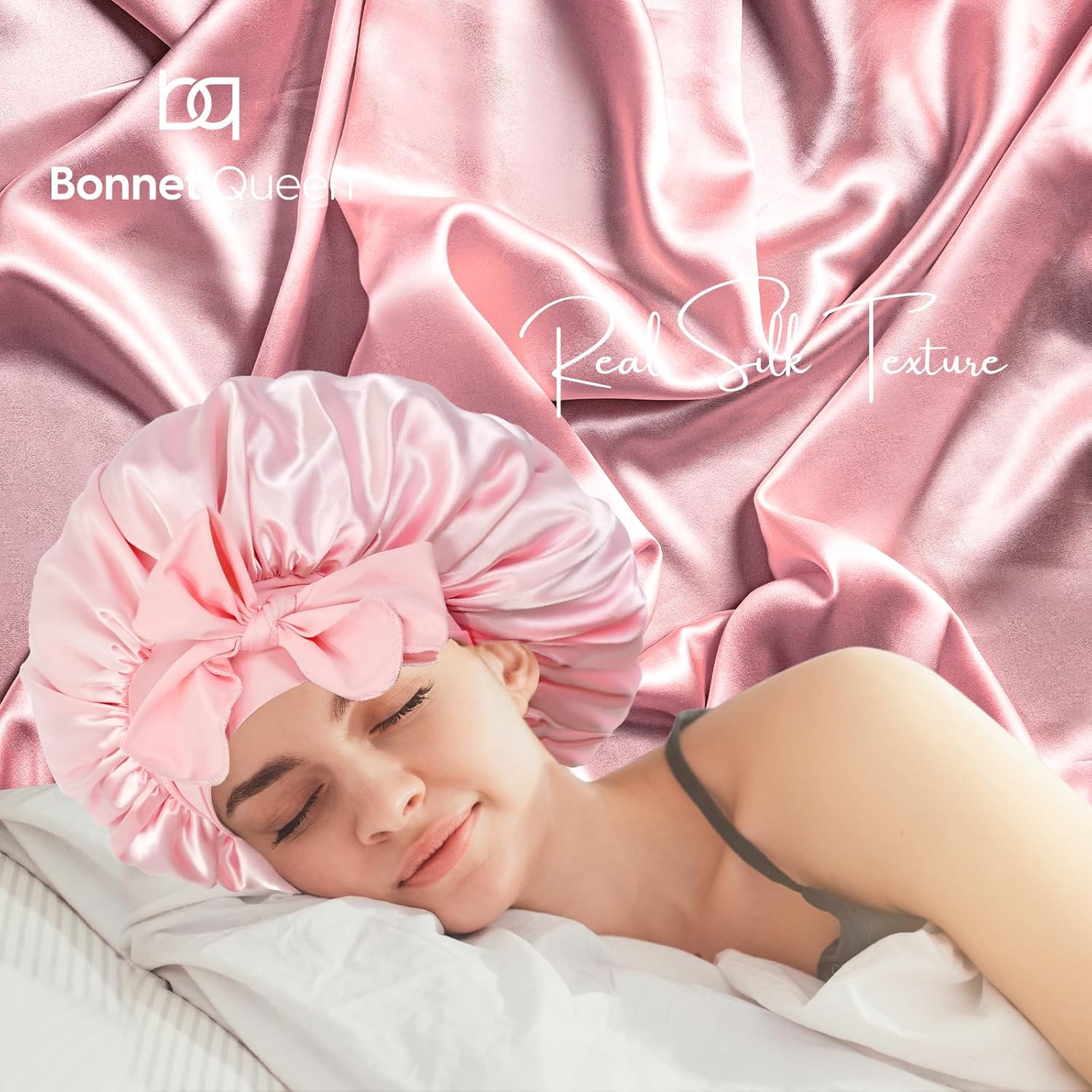 BONNET QUEEN - bonnet satin ajustable, grand, rose, elastique long