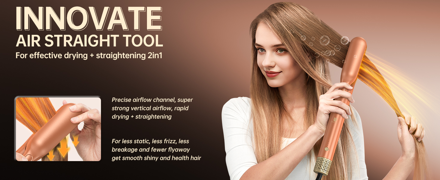 Le texte indique « INNOVATE AIR STRAIGHT TOOL ». Images marketing de produits montrant un outil de coiffure et des résultats de coiffage sur cheveux longs.