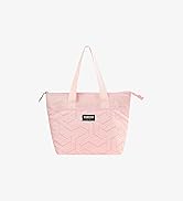 Plusieurs vues d'un sac ou d'un contenant de rangement de couleur rose avec différents compartiments et détails présentés sous différents angles.