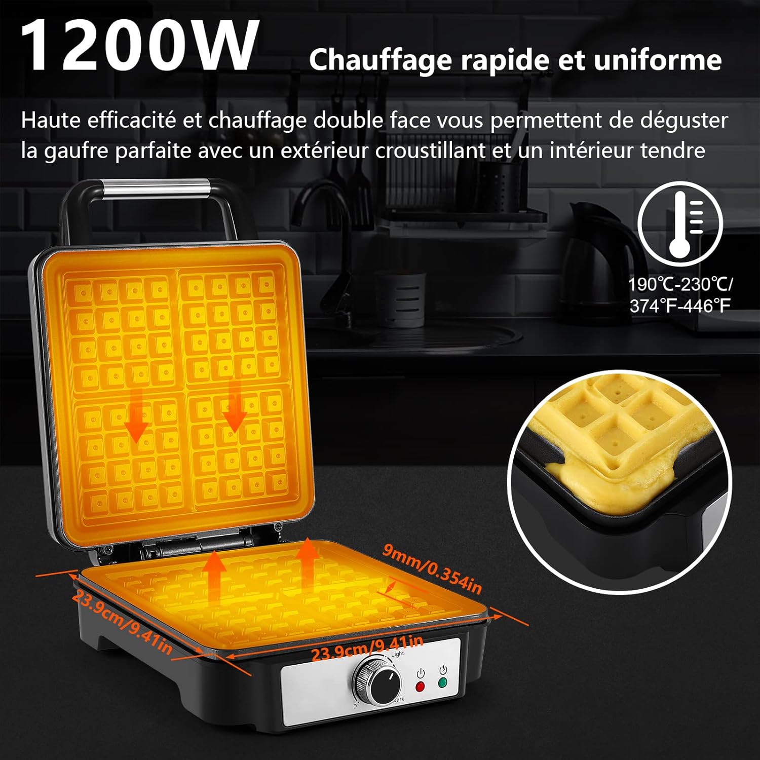 YASHE - Gaufrier 4 tranches - ajustement dorure, 1200W, antiadhésif