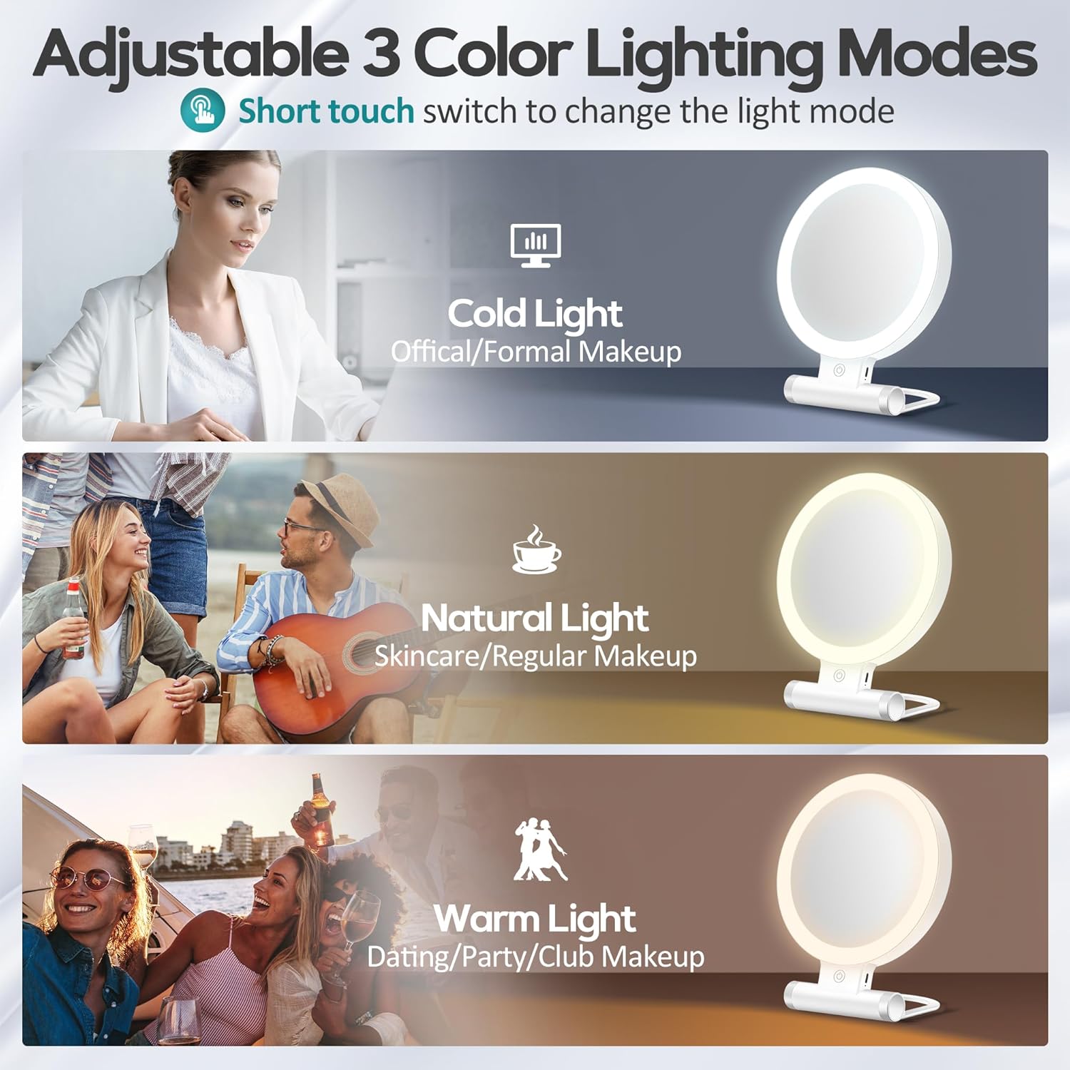 B Beauty Planet - Miroir double face compact, 1X/30X, 3 éclairages, 2000mAh, pliable