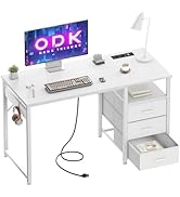 Le texte indique « ODK ». Configuration d'un bureau de jeu blanc avec gestion des câbles intégrée, illustrée avec divers accessoires et fonctionnalités d'organisation.