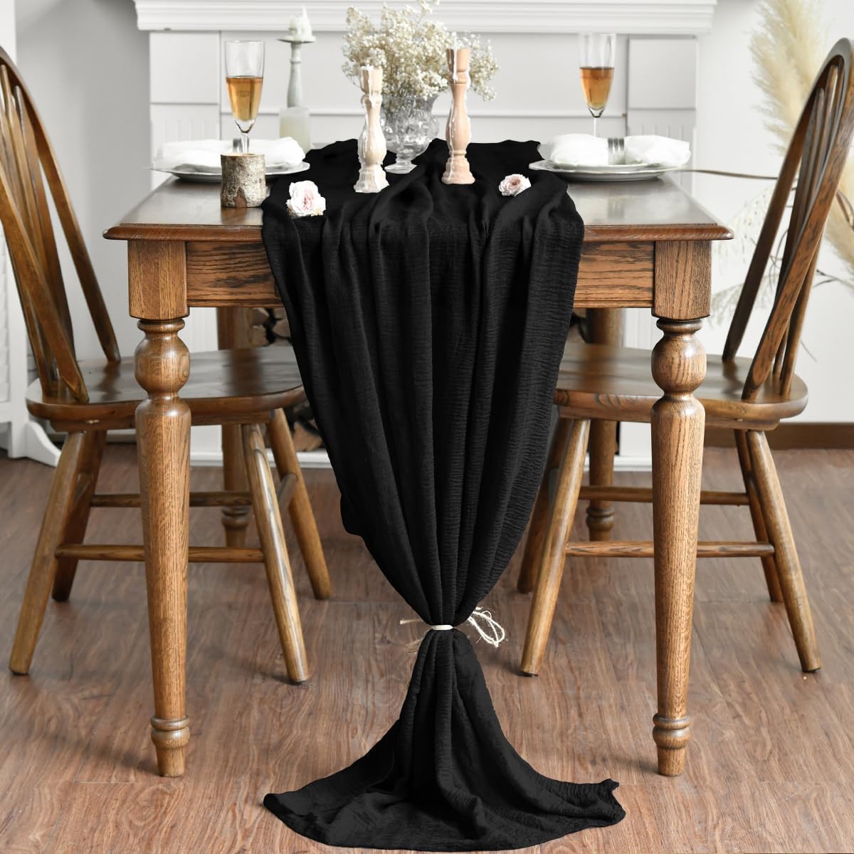 Artoid Mode - Chemins de table bohème noir - 300 cm - mousseline gaze, déco mariage/fête