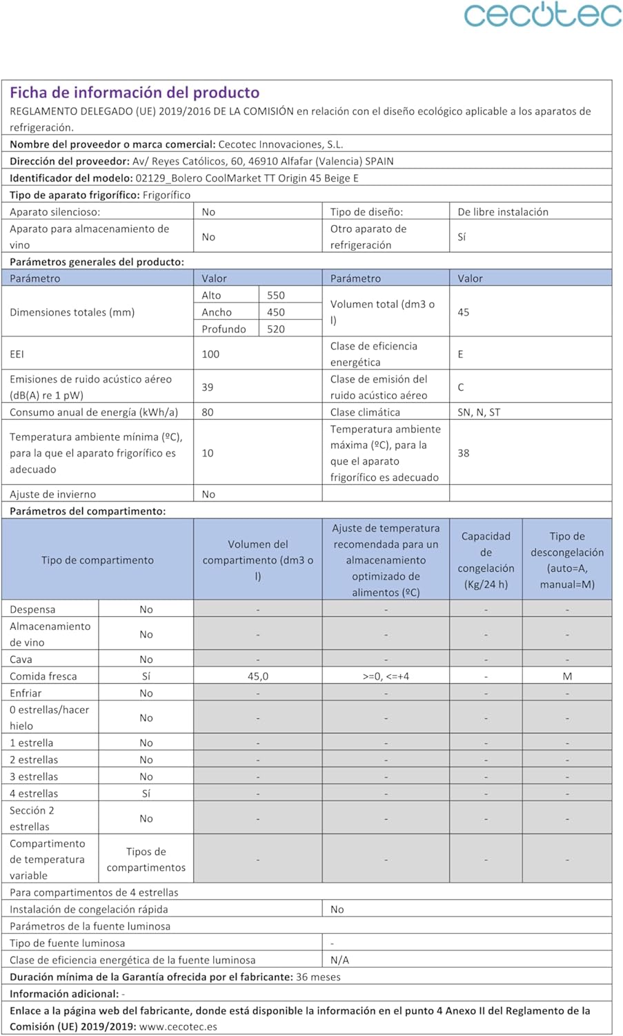 Cecotec - Mini Frigo Bolero CoolMarket TT - 55x44,7cm - Classe E, bac à glace, poignée chromée, beige