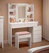 VASAGLE Coiffeuse avec Éclairage LED, Luminosité Réglable, Coiffeuse avec Miroir, Cosm...