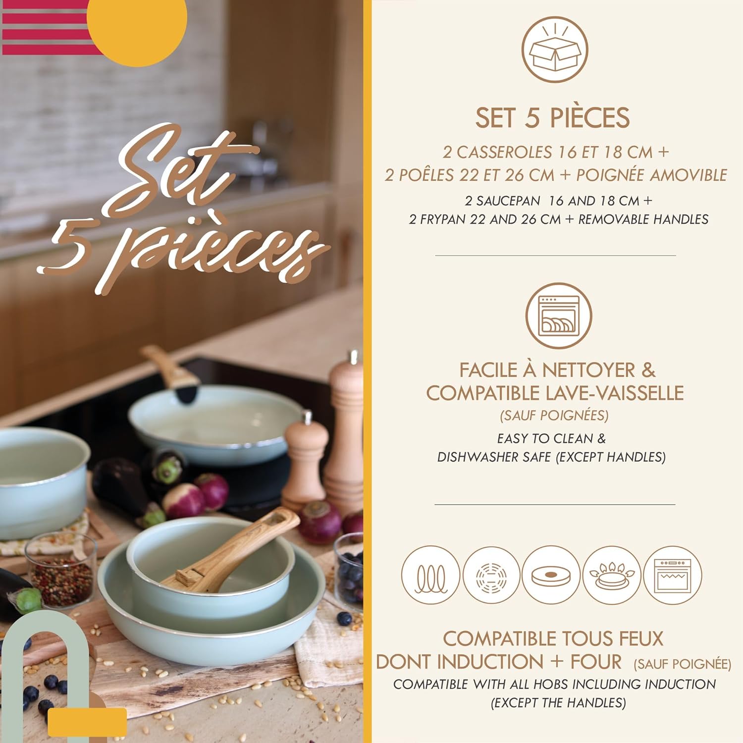 MENASTYL - Colorama - 2 poêles, 2 casseroles, poignée - céramique induction, sans PFAS