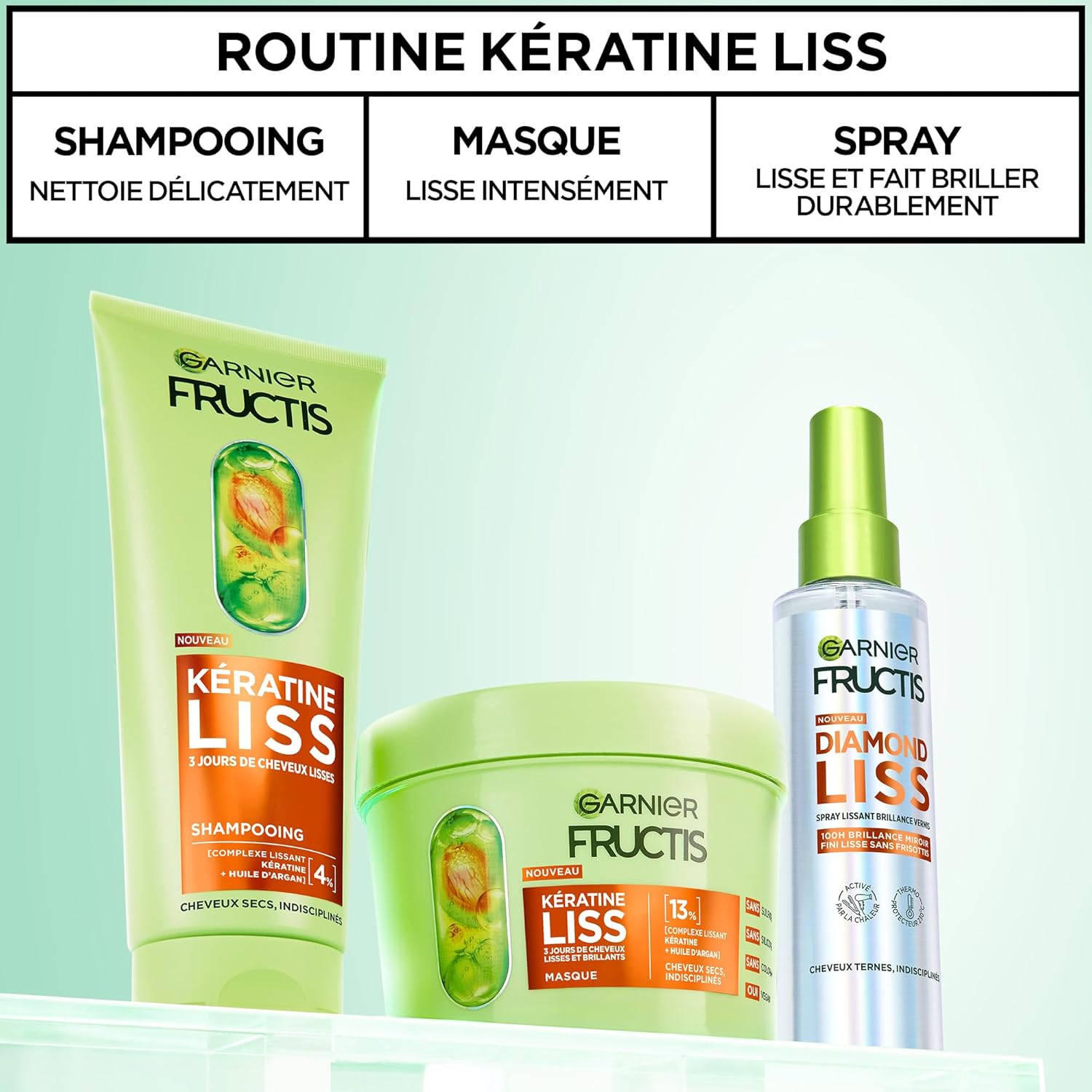 Garnier - Fructis Kératine Liss - routine 3 soins lissants, kératine végétale, huile d'argan, anti-frisottis
