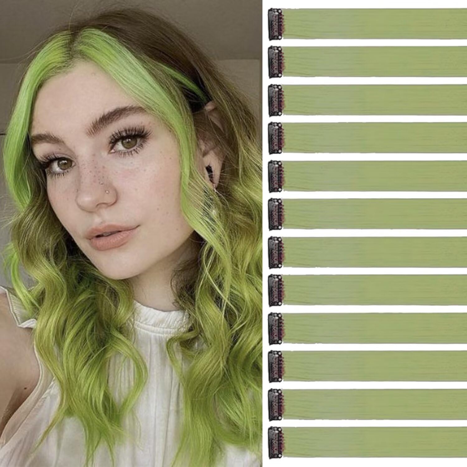 Extensions cheveux - vert polaire 12pcs 55cm, clip naturel, chaleur, fête