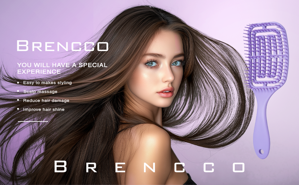 Le texte indique « BRENGOO ». Collage marketing présentant des produits de coiffure, y compris des pinceaux et des outils de coiffage avec un fond dégradé violet et des panneaux de démonstration de produits.