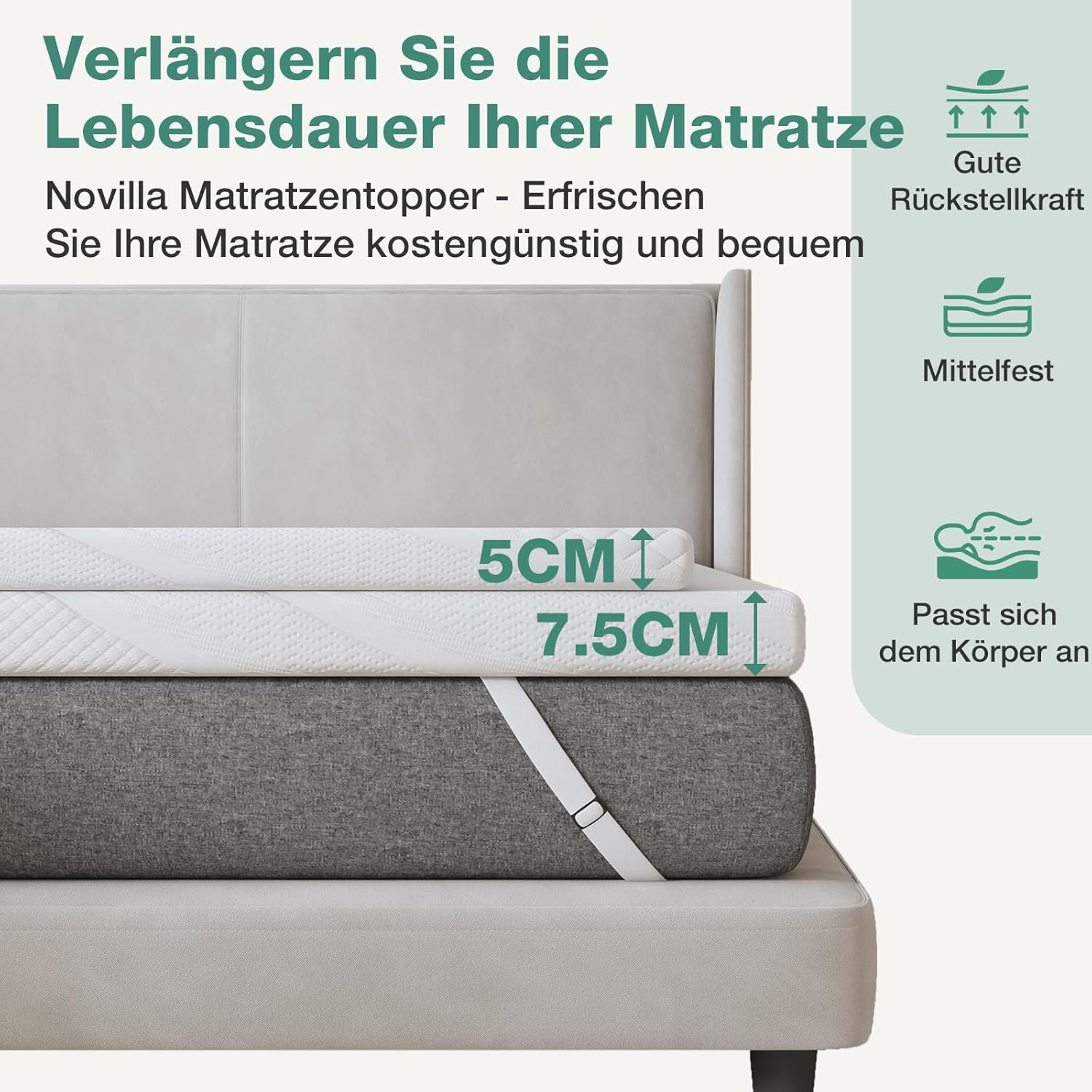 Novilla - surmatelas gel mémoire - 160x200 cm - 5 cm, doux, antidérapant, lavable