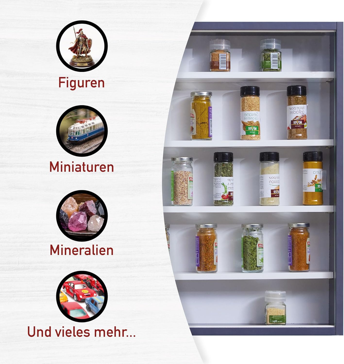 Inter Link - Collecty - 80x60x9.5 cm - vitrine murale 4 étagères, 5 compartiments, MDF gris/blanc