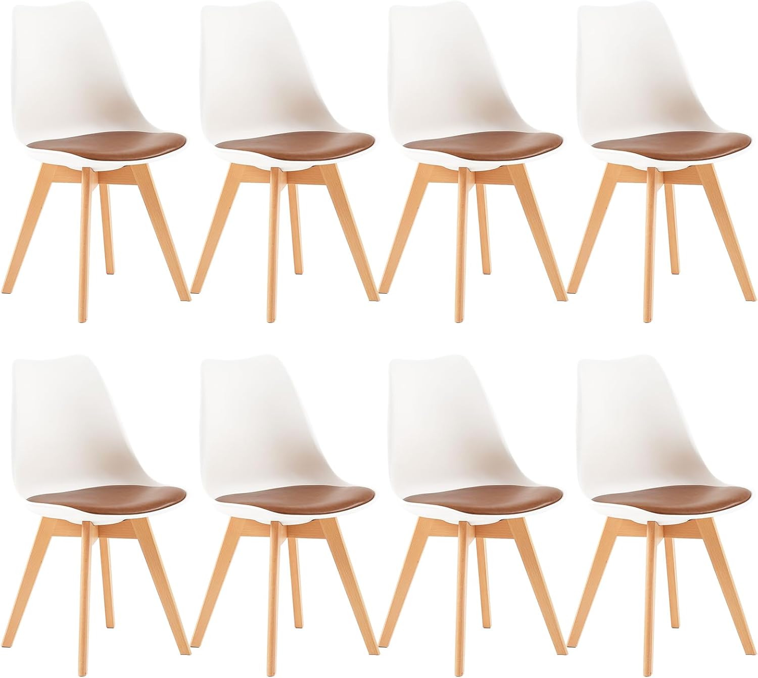 EGGREE - Lot de 8 chaises scandinaves, bois hêtre, cuir PU, blanc/marron