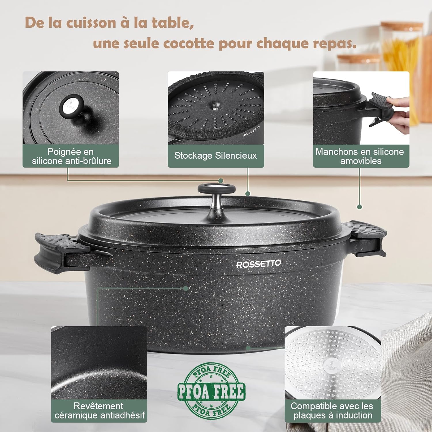Rossetto - Cocotte en fonte aluminium 38cm - 10,6L, antiadhérent, induction et four, couvercle picots saveurs