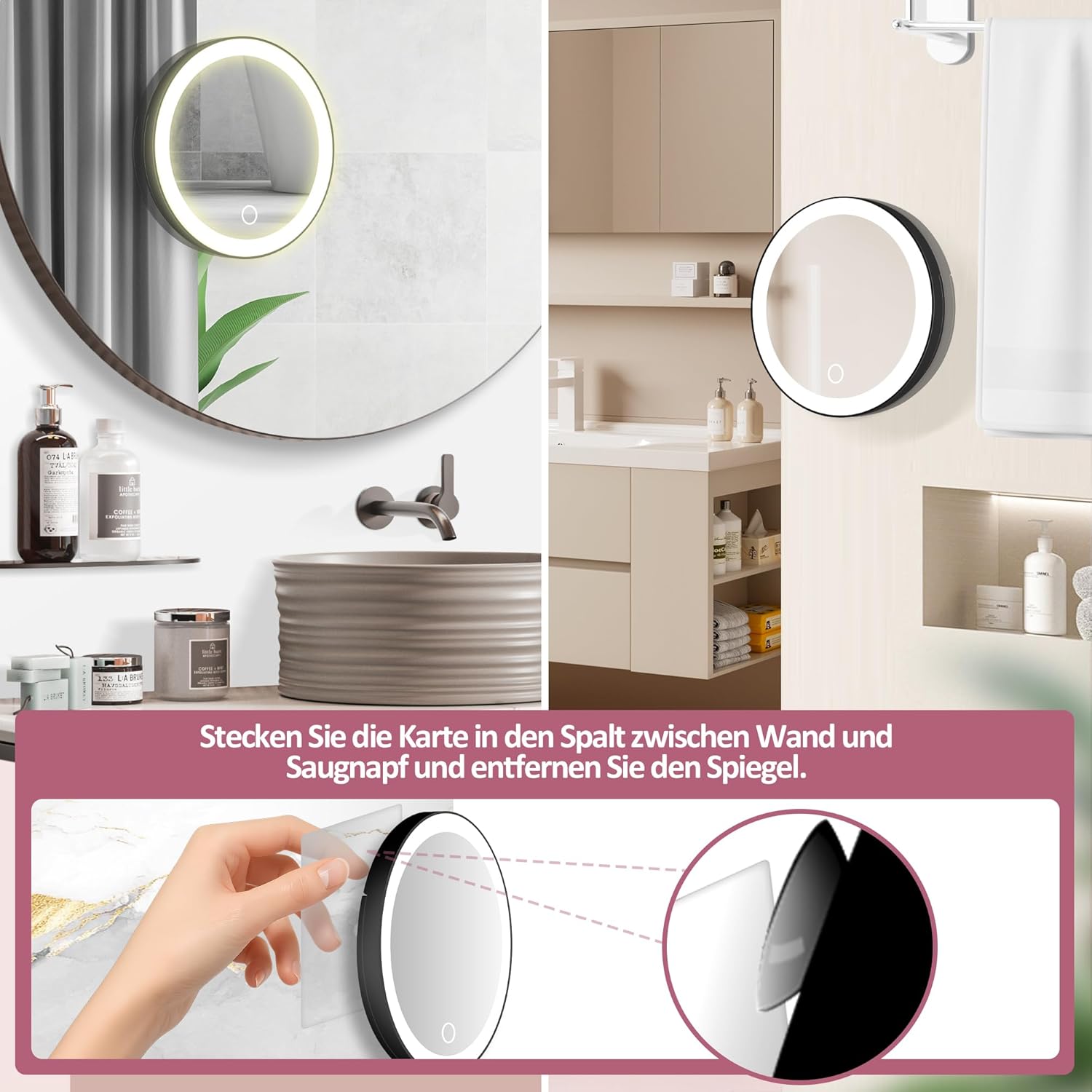 Miroir grossissant - 30x, ventouse, éclairage LED, intensité variable, noir